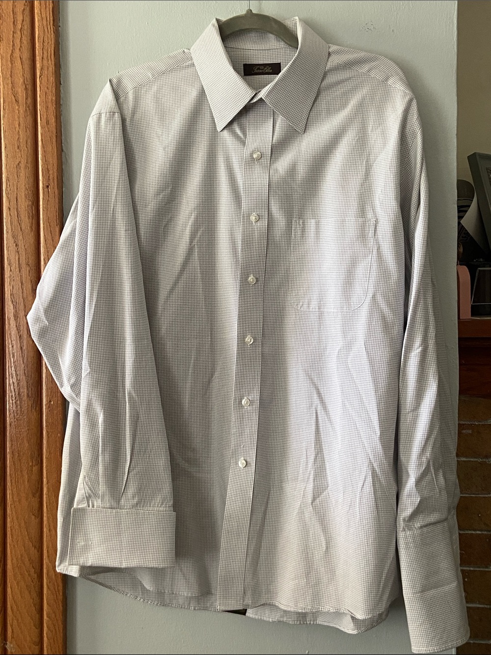 Tasso Elba men’s dress shirt 17 x 34/35 EUC cuff link arm, gray plaid
